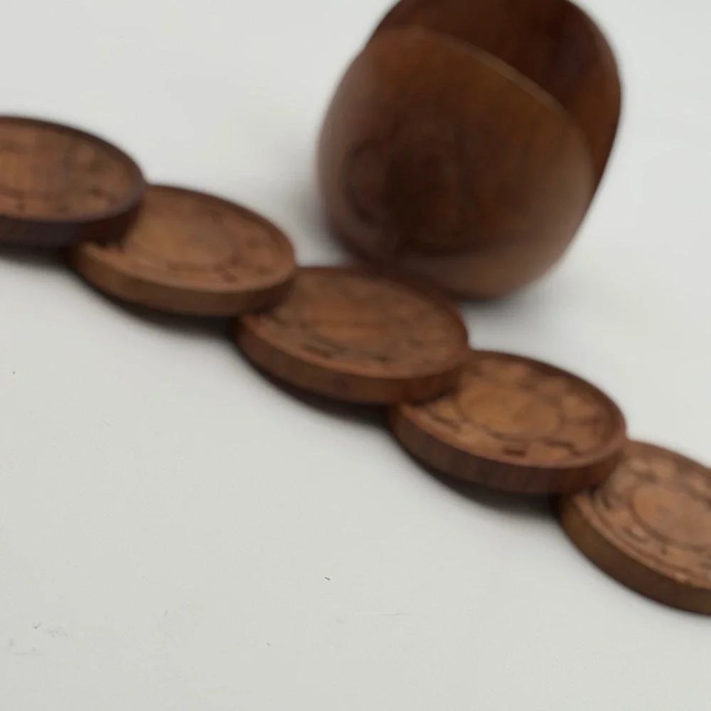 Vintage Hand Carved Floral Wood Coaster Set of 6 with Round Holder Brown Boho